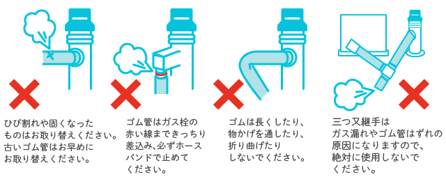 ゴム管・ガス栓は正しい接続方法でご使用ください。